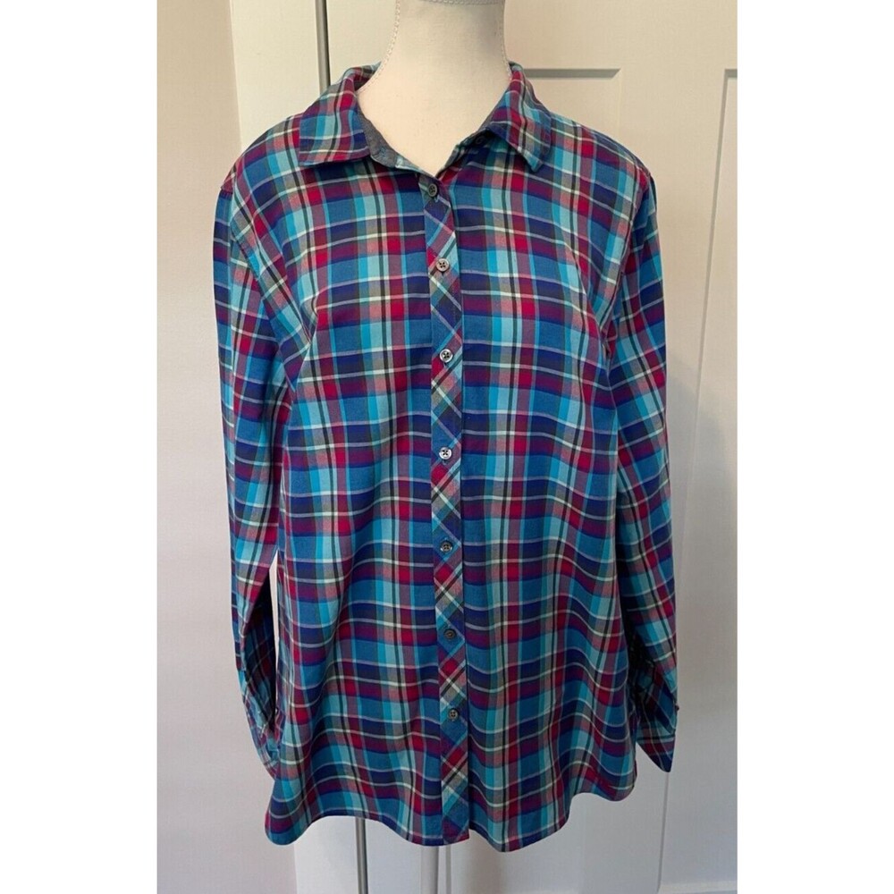 Talbots Womens Button TOP Long Sleeve BLUE Pink PLAID Size L